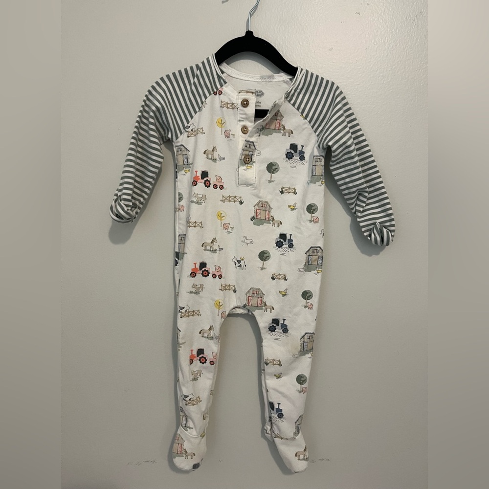 Mud Pie Farm Print Kids One Piece with Striped Sleeves